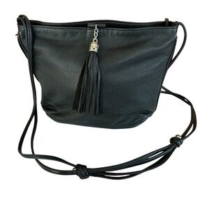 T. Anthony Italian Pebbled Leather Black Shoulder Handbag with Tassel